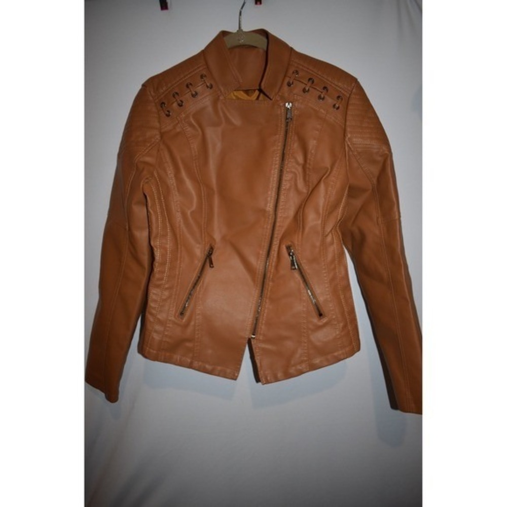 GYK Women's Carmel Size S Stitched-Shoulder Moto‎ Jacket Long Sleeve Zip Pockets